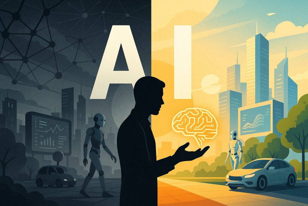 Conceptual illustration of artificial intelligence in 2025, showing a split future with robots, a thoughtful human figure, digital data screens, and a circuit brain symbol — contrasting dark and bright urban environments.